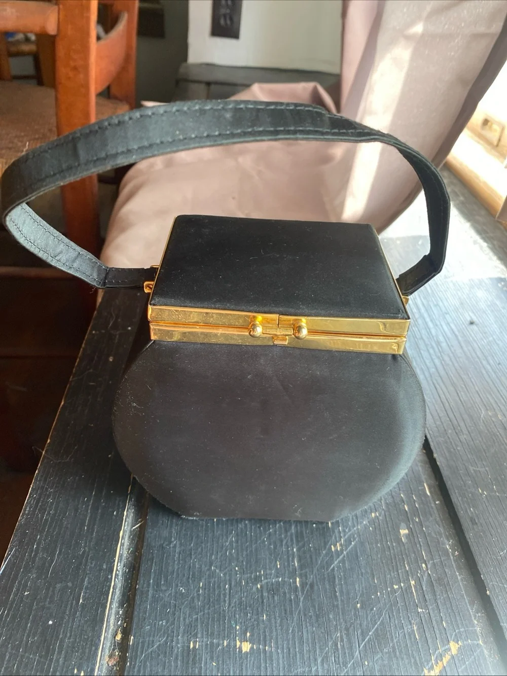 Black Satin Wristlet Clutch with Gold Frame